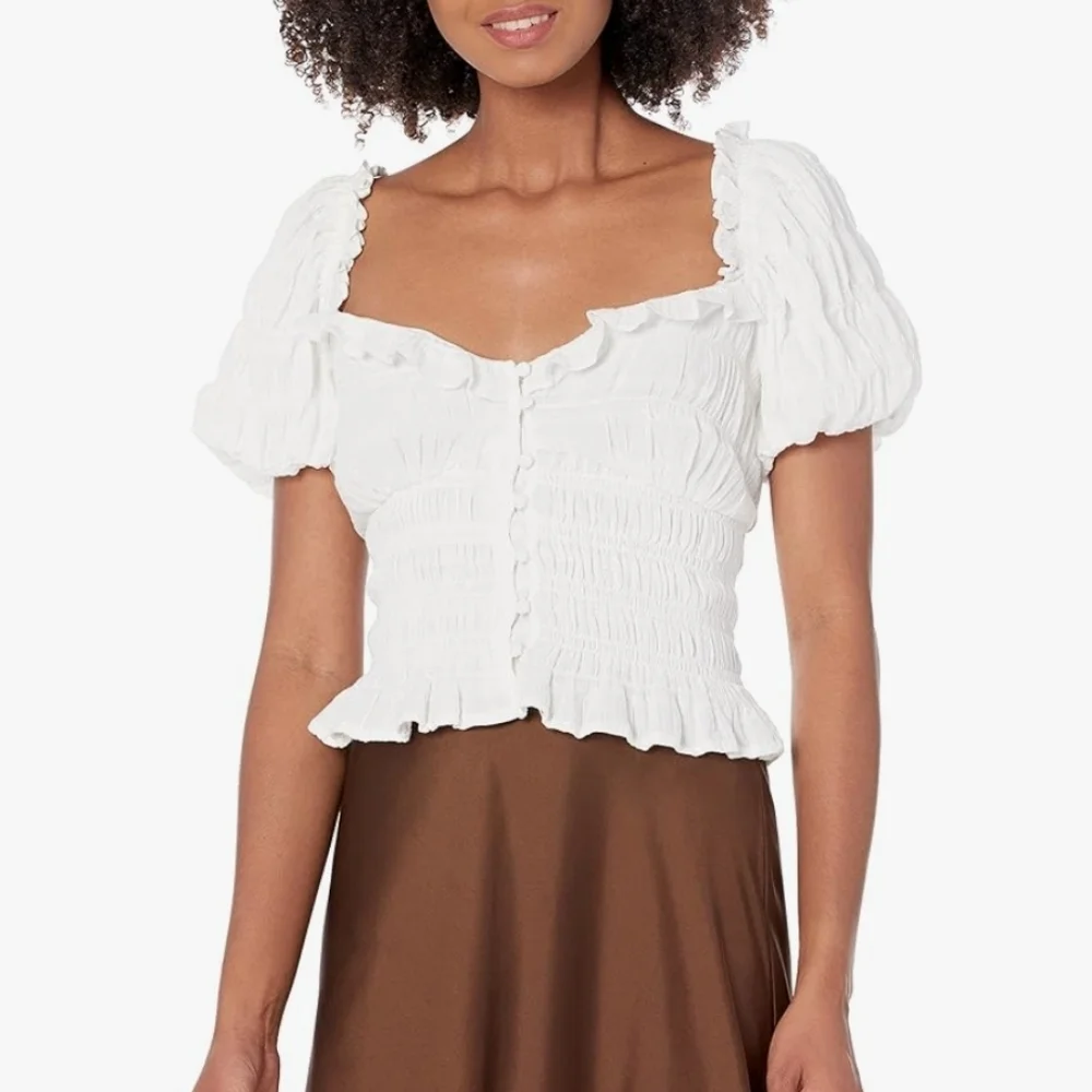 Astr The Label Anza White Puff Sleeve Smocked Milkmaid Peasant Top Large NWOT
